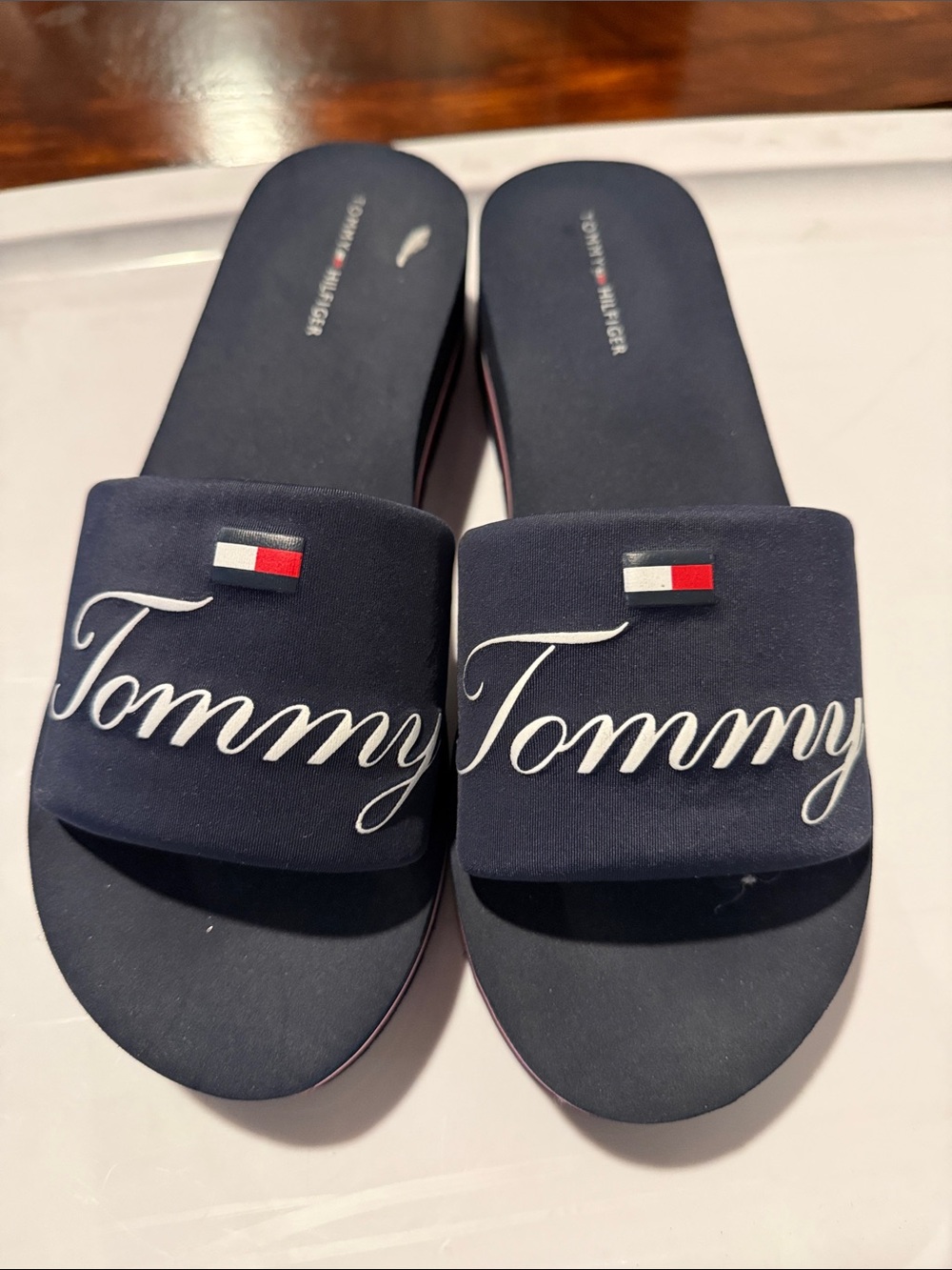 Tommy Hilfiger Navy Blue Slide Sandals with Red & White Flag Detail